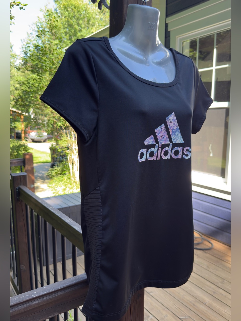 Adidas Climalite Black Athletic T-Shirt XL Floral Logo Short Sleeve Workout Top - Picture 4 of 11